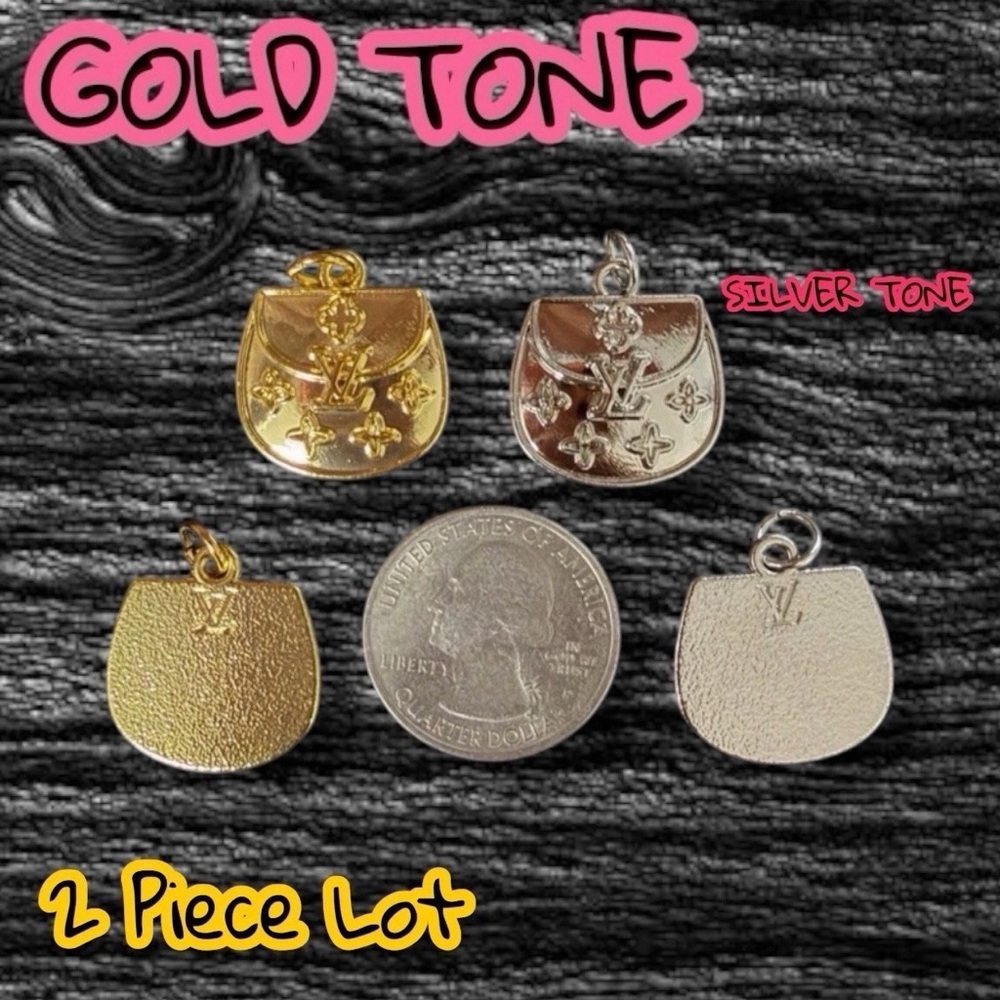 Lot of 2 Gold/Silver Tone Purse LV Zipper Pull Button Pendant Necklace Charm